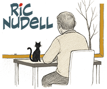 A sketch of a man sitting at a table looking out of a window. A cat is sitting on the table.